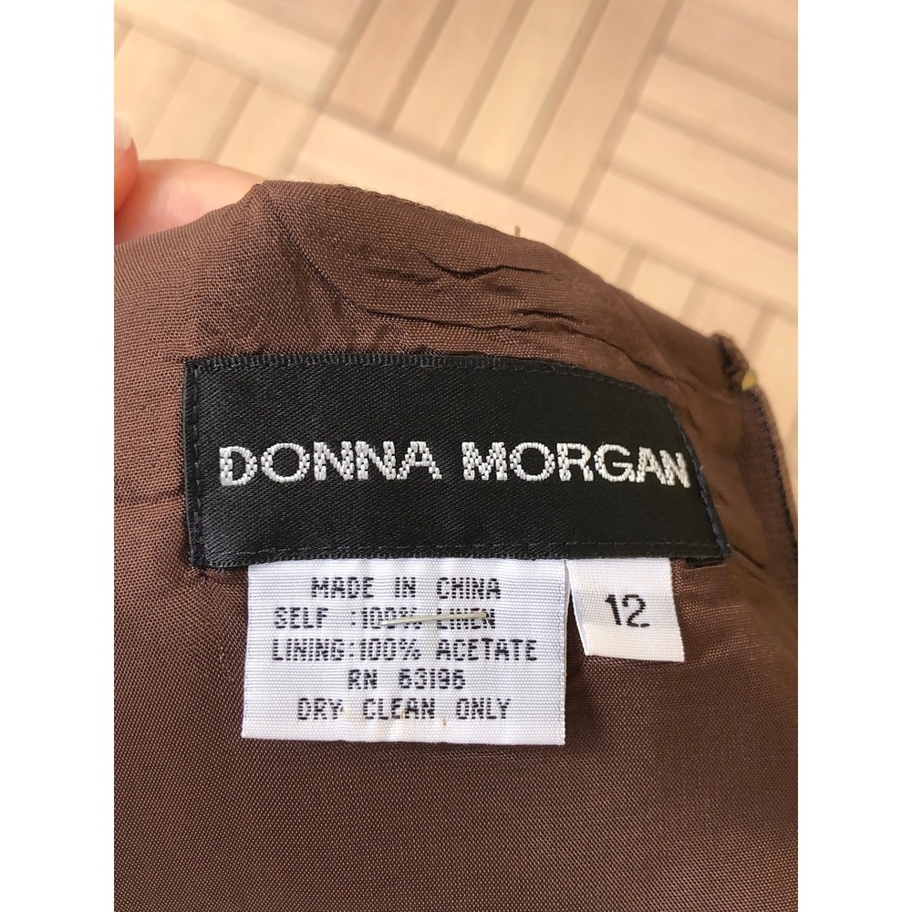 Donna Morgan chocolate brown short sleeve linen dress beaded waist embroidery - Picture 9 of 10